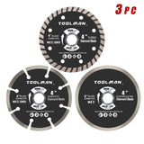Toolman Circular Saw Blades Universal Fit 3Pc set 4" Diamond Masonry for Tile Marble Concrete brick works