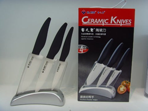Zhuhai Premium Ceramic Knife Set Includes 4" Paring Knife, 5 1/2" Chef's Knife, 6" Chef's Knife and Block
